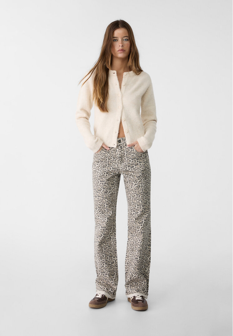 Stradivarius Pantaloni Straight Fit Leopard Caramel 34