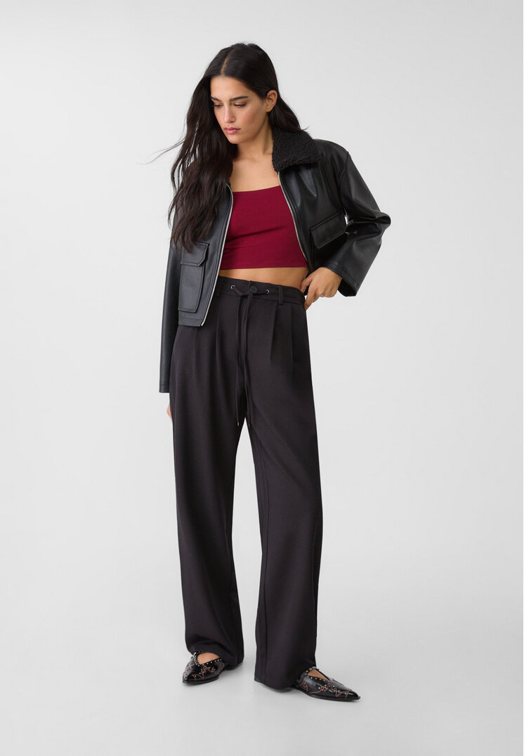 Stradivarius Pantaloni Largi Cu Șnur În Talie Negru 40