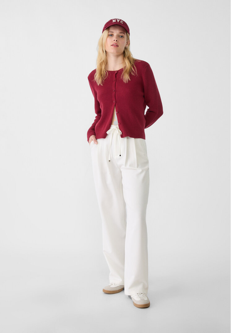Stradivarius Pantaloni Largi Cu Șnur În Talie Ecru 44