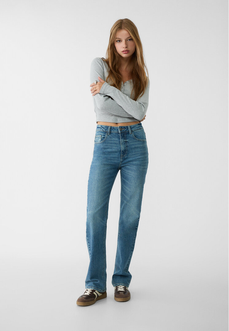 Stradivarius Blugi Straight Fit High Waist Comfort Denim Albastru Închis Mediu 44