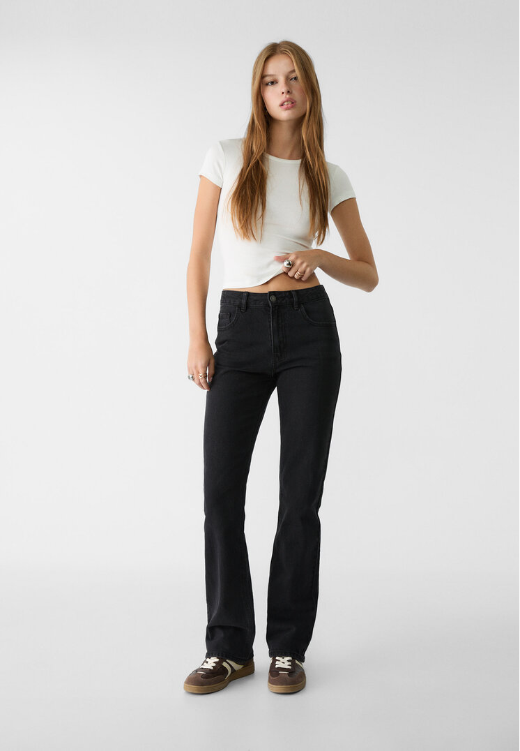 Stradivarius Blugi Straight Fit High Waist Comfort Denim Negru Prespălat 42