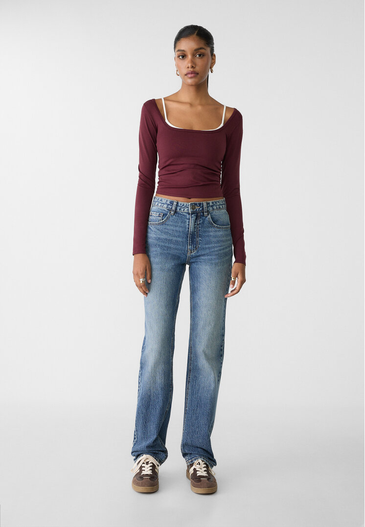 Stradivarius Blugi Straight Fit Regular Waist Comfort Denim Albastru Închis Mediu 44