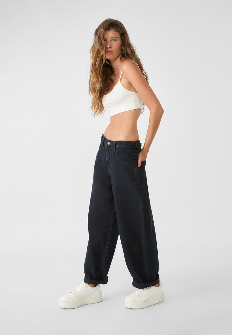 Stradivarius Blugi Balloon Reglabili Denim Negru Prespălat 38