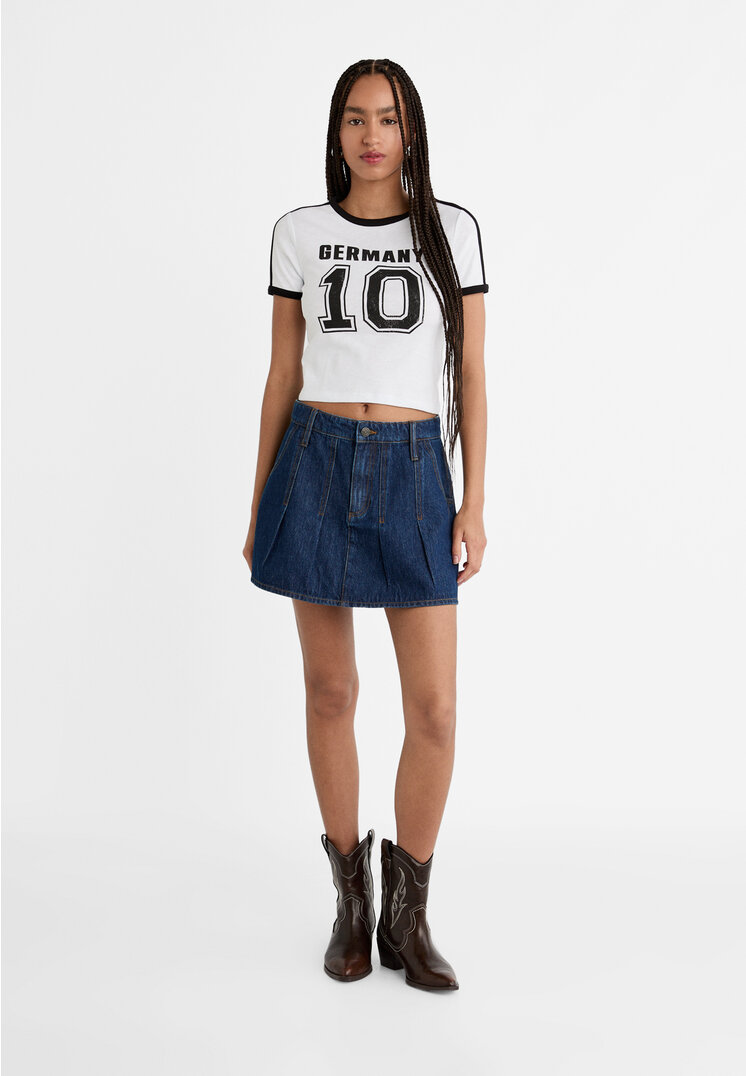 

Stradivarius Jeansowa spódnica mini z zakładkami Niebieski denim 32