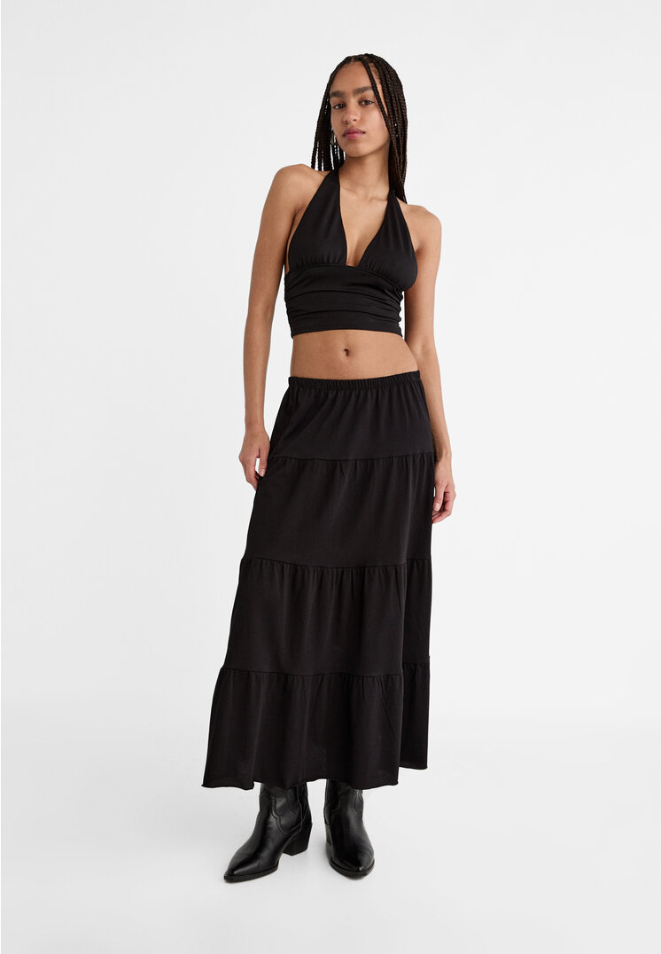 Stradivarius Fustă Fluidă Lungă Boho Negru M