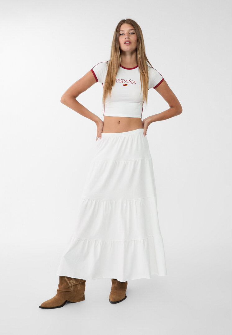 Stradivarius Fustă Fluidă Lungă Boho Ecru Xl