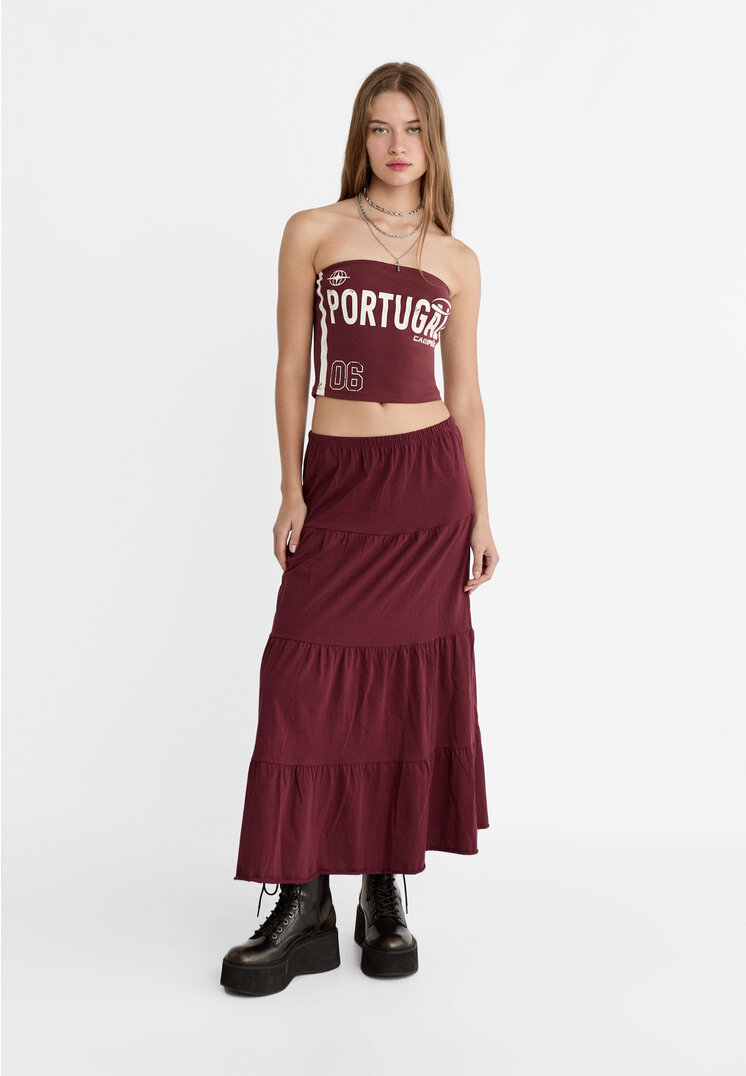 Stradivarius Fustă Fluidă Lungă Boho Grena M