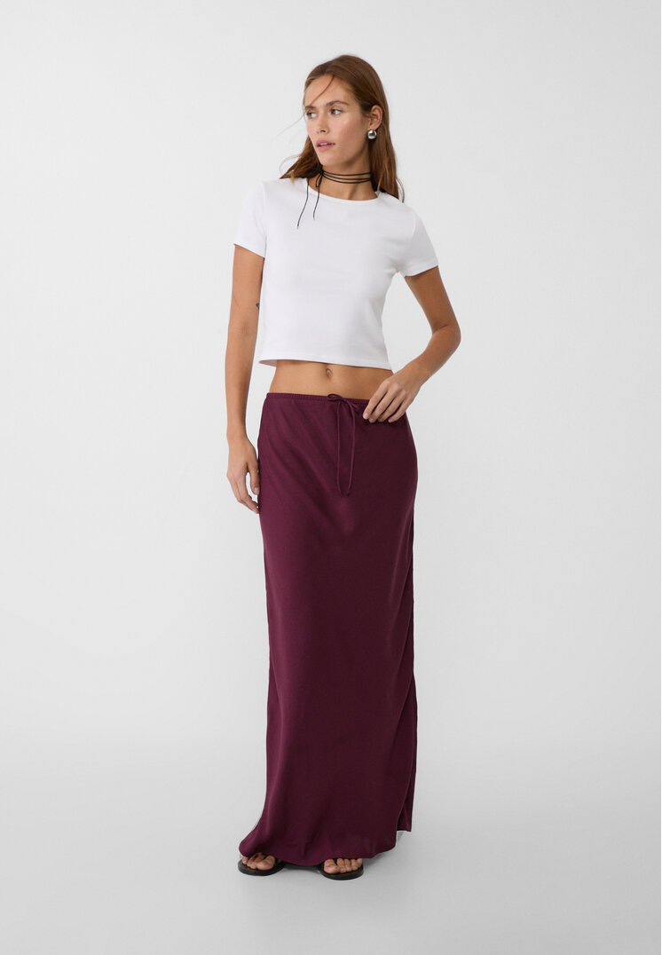 Stradivarius Fustă Satinată Midi Grena Xl