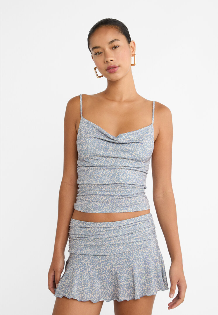 Stradivarius Fustă-Pantalon Vaporoasă Cu Fronseu Azuriu Xs