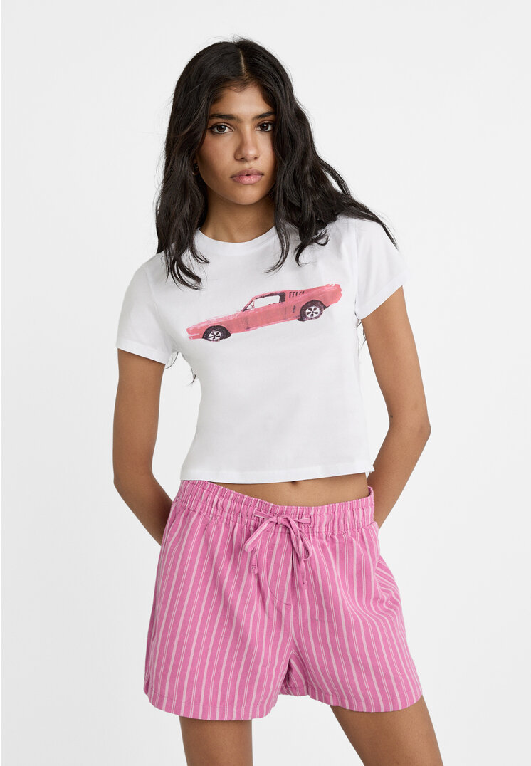 Stradivarius Pantaloni Scurți Vaporoși Cu In Și Dungi Roz Xl