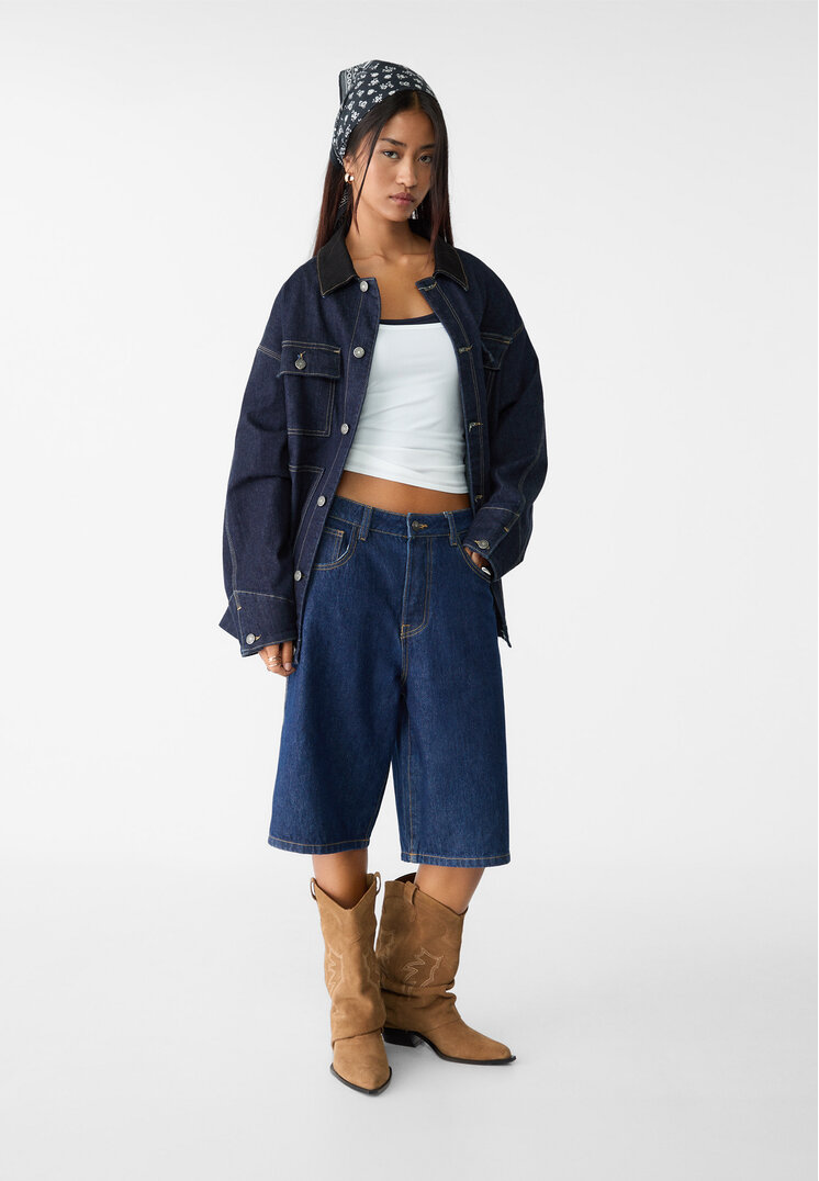 Stradivarius Bermude Baggy Tip Jort Din Denim Denim Albastru 42