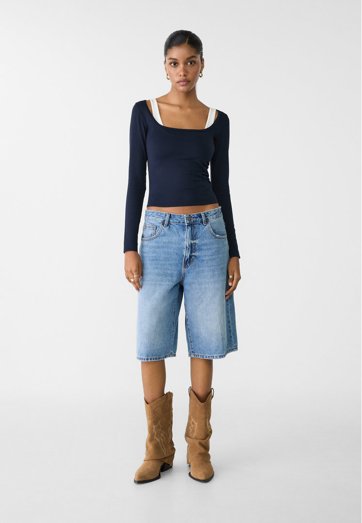 Stradivarius Bermude Baggy Tip Jort Din Denim Denim 32