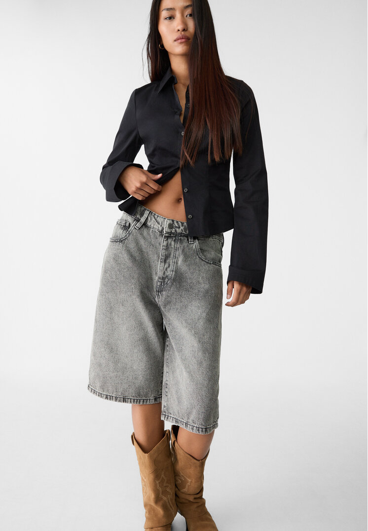 Stradivarius Bermude Baggy Tip Jort Din Denim Denim Negru 38