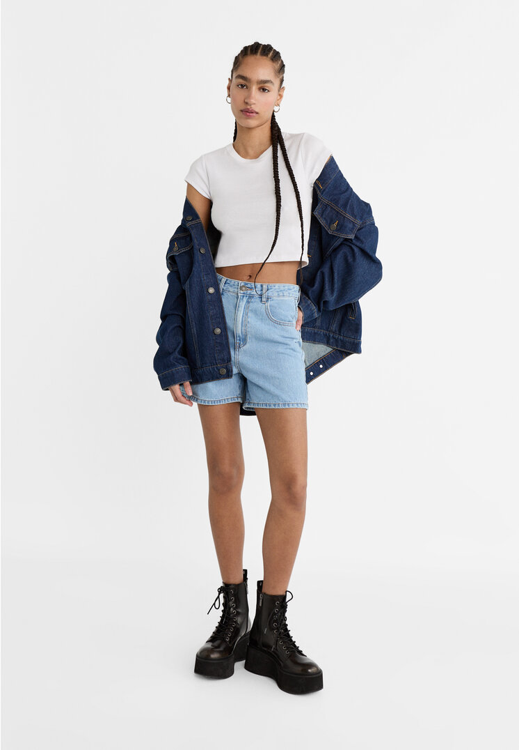 Stradivarius Bermude Mom Fit Din Denim Denim 32