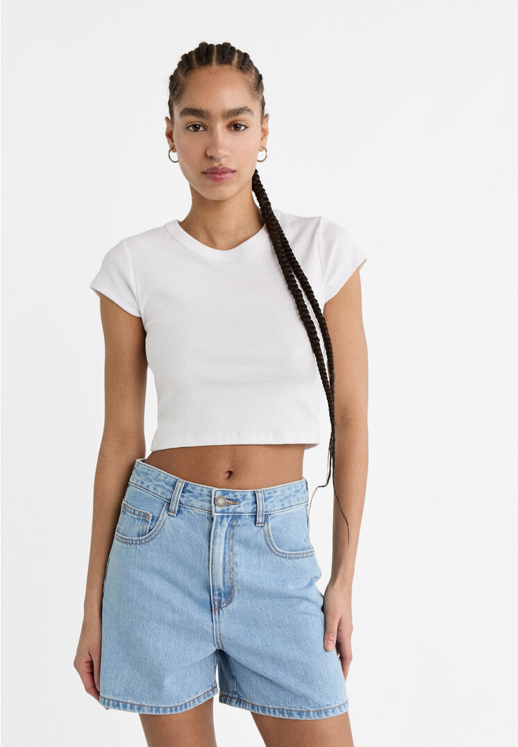 Stradivarius Denim mom fit Bermuda shorts  Denim 14