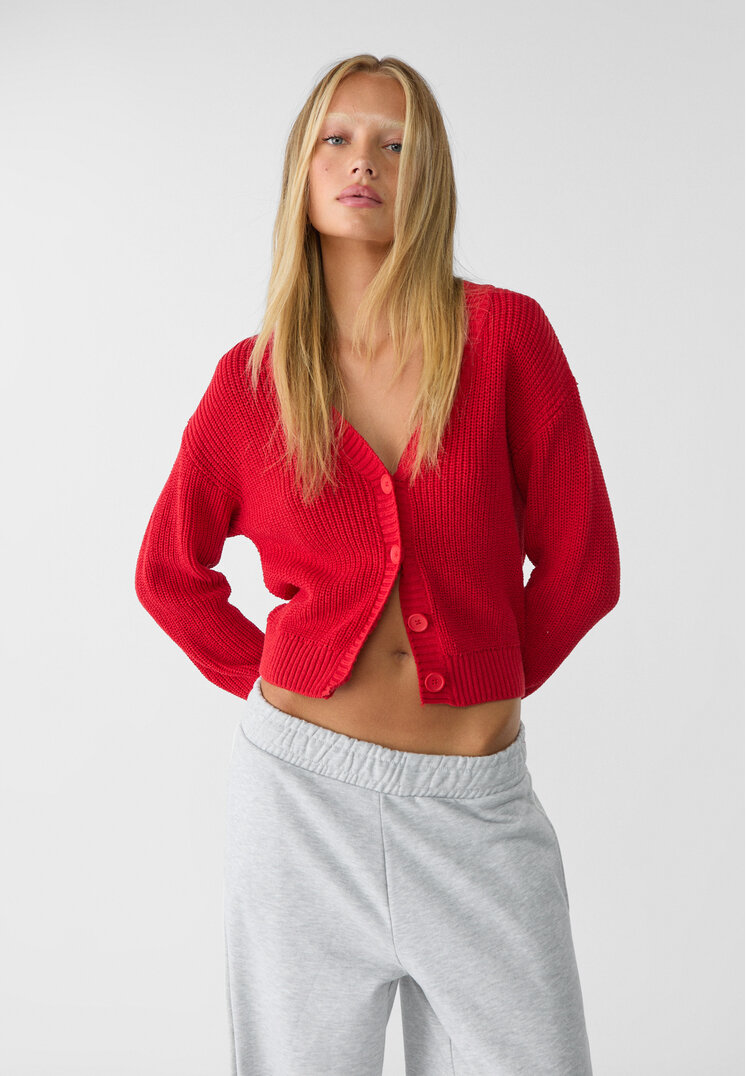 Stradivarius Jachetă Din Tricot Cu Nasturi Roșu Închis Xl