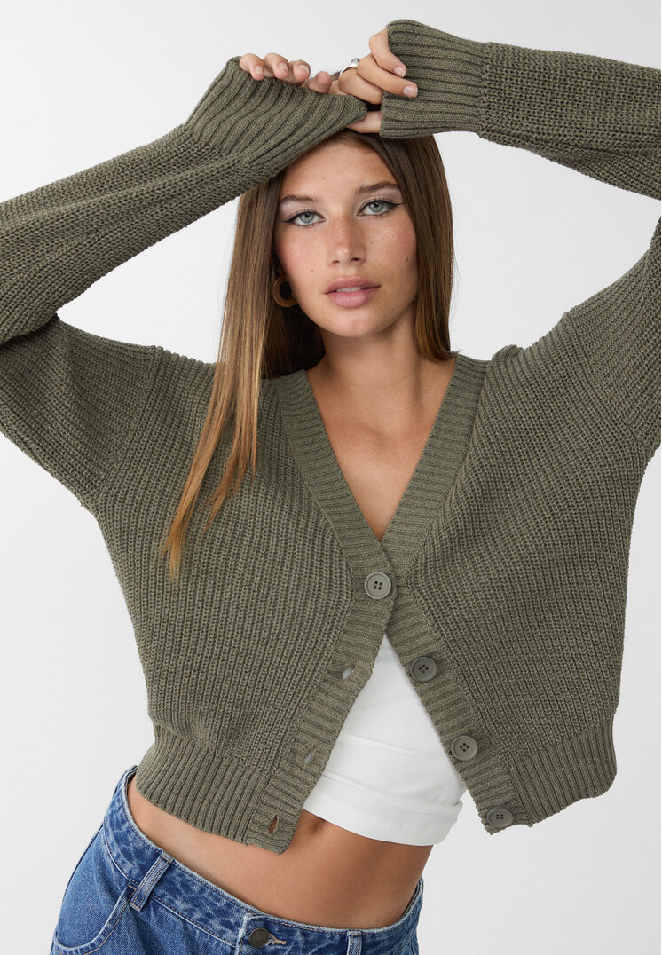 Stradivarius Jachetă Din Tricot Cu Nasturi Kaki Xs
