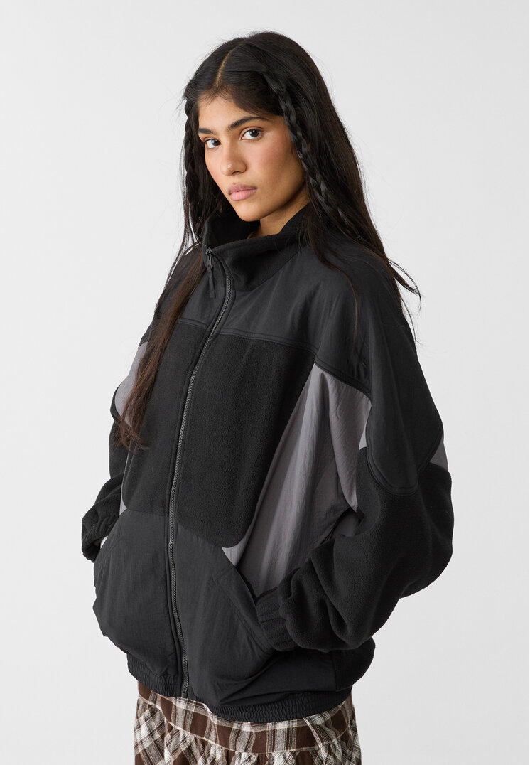 Stradivarius Geacă Bomber Din Țesătură Combinată Negru S