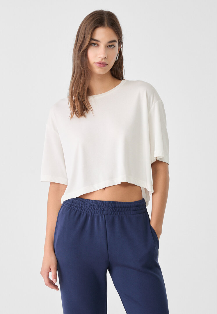 Stradivarius Tricou Moale La Atingere Cu Mânecă Scurtă Ecru Xs