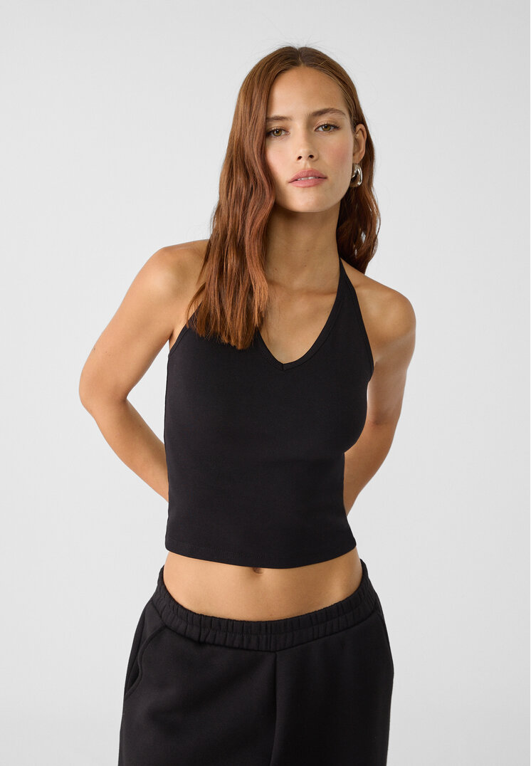Stradivarius Top Halter Cu Fundă Negru L