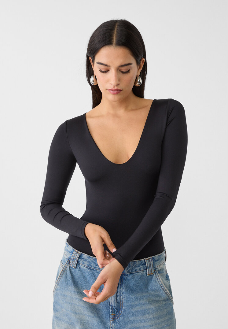 Stradivarius Body Din Poliamidă Cu Decolteu În V Negru Xs
