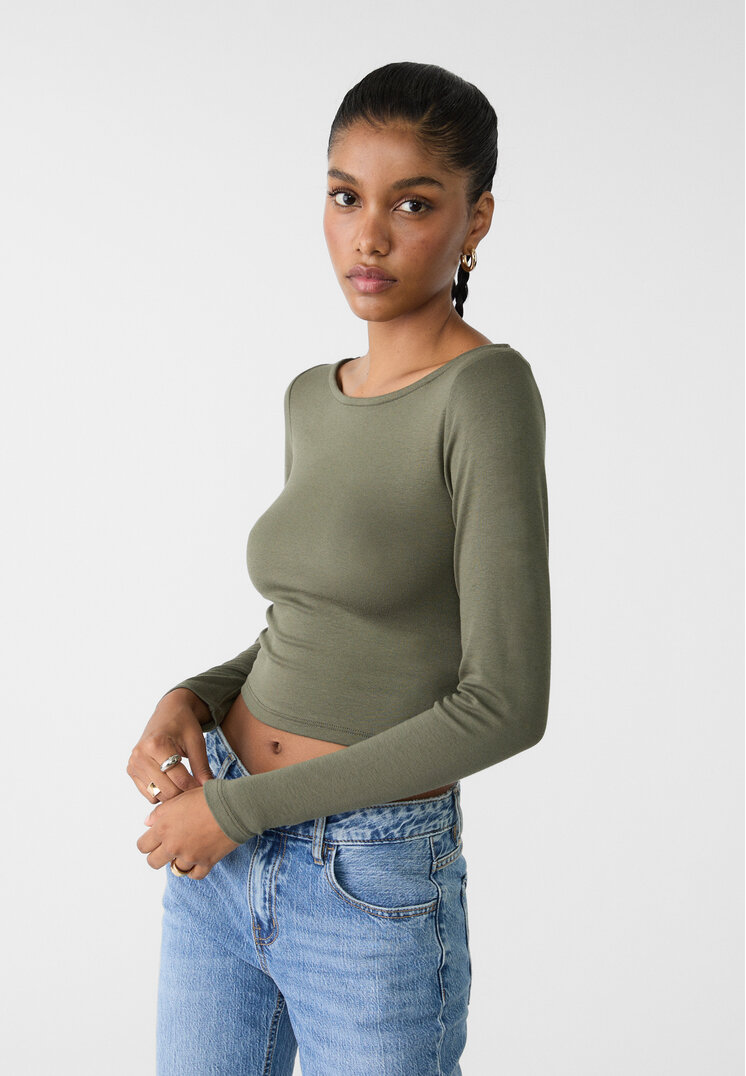 Stradivarius Tricou Simplu Cu Guler Bărcuță Kaki Xs