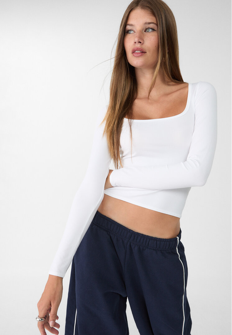 Stradivarius Tricou Seamless Cu Mânecă Lungă Alb S