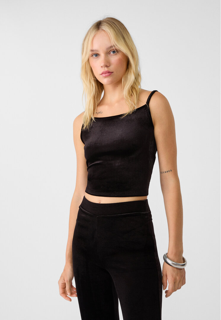Stradivarius Top Scurt Din Catifea Cu Bretele Negru Xs