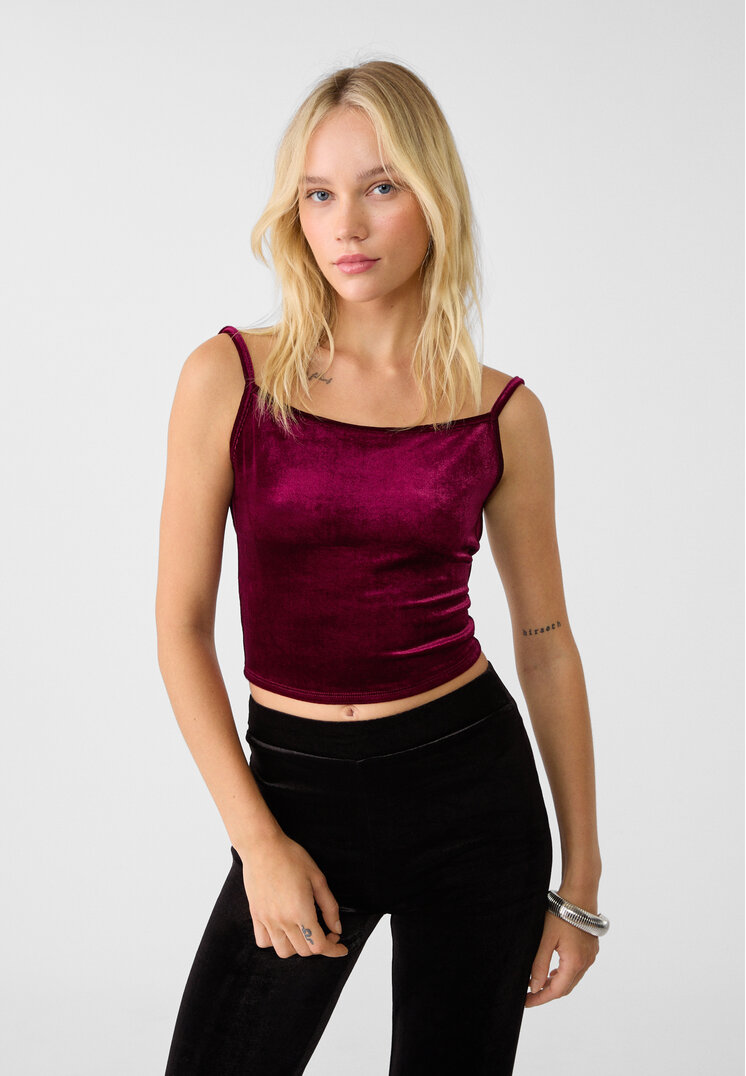 Stradivarius Top Scurt Din Catifea Cu Bretele Grena S
