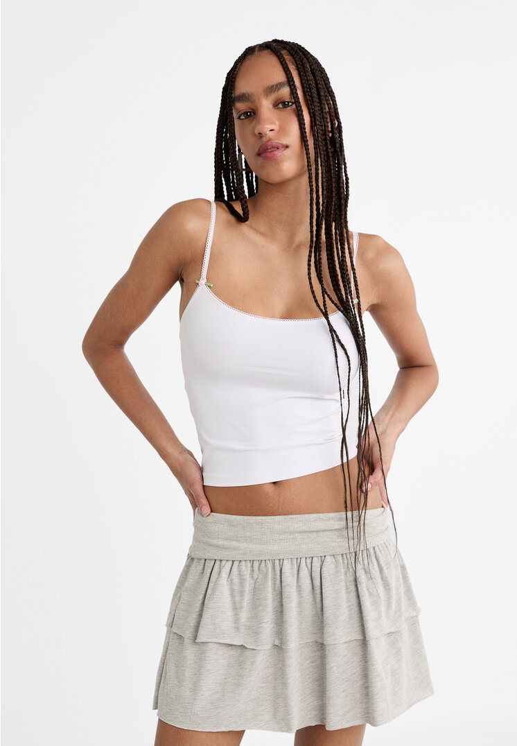 Stradivarius Tricou Din Poliamidă Cu Dantelă Și Bretele Alb M
