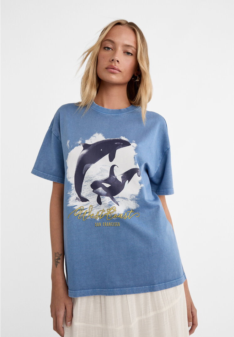 Stradivarius Tricou Oversize Imprimat Azulina S