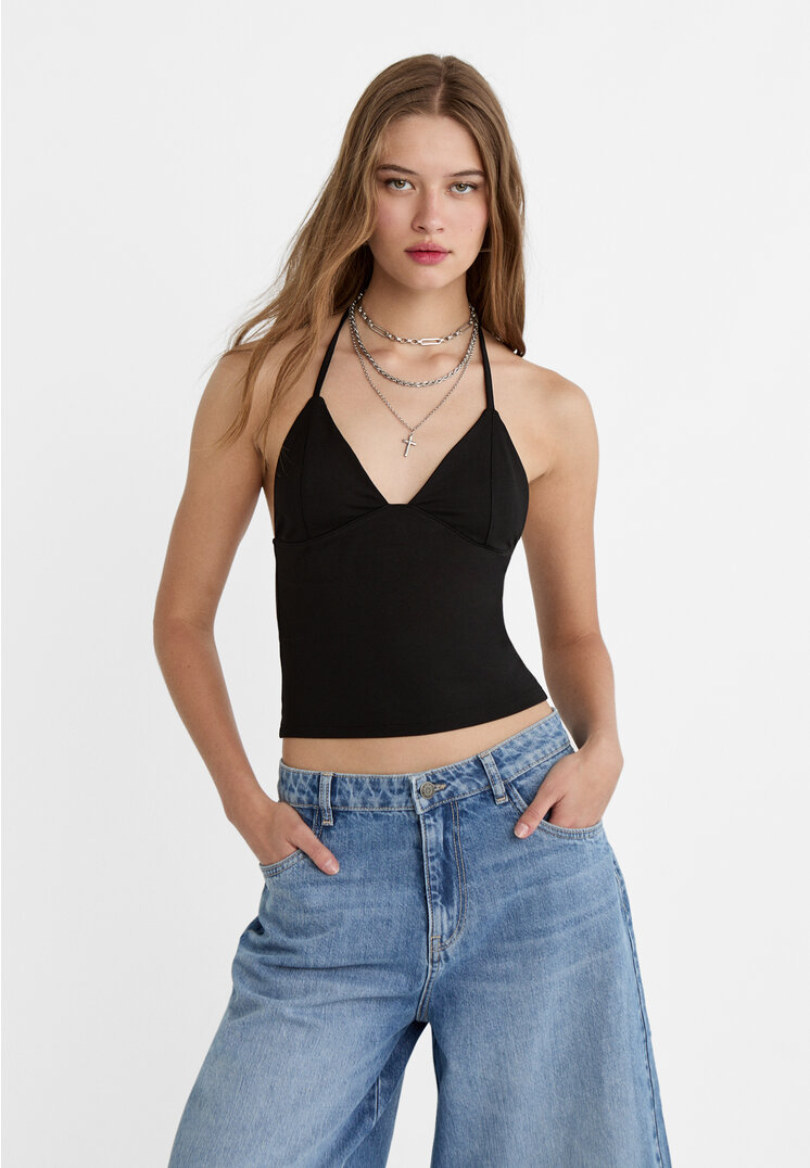 Stradivarius Tricou Halter Cu Decolteu În V Negru L