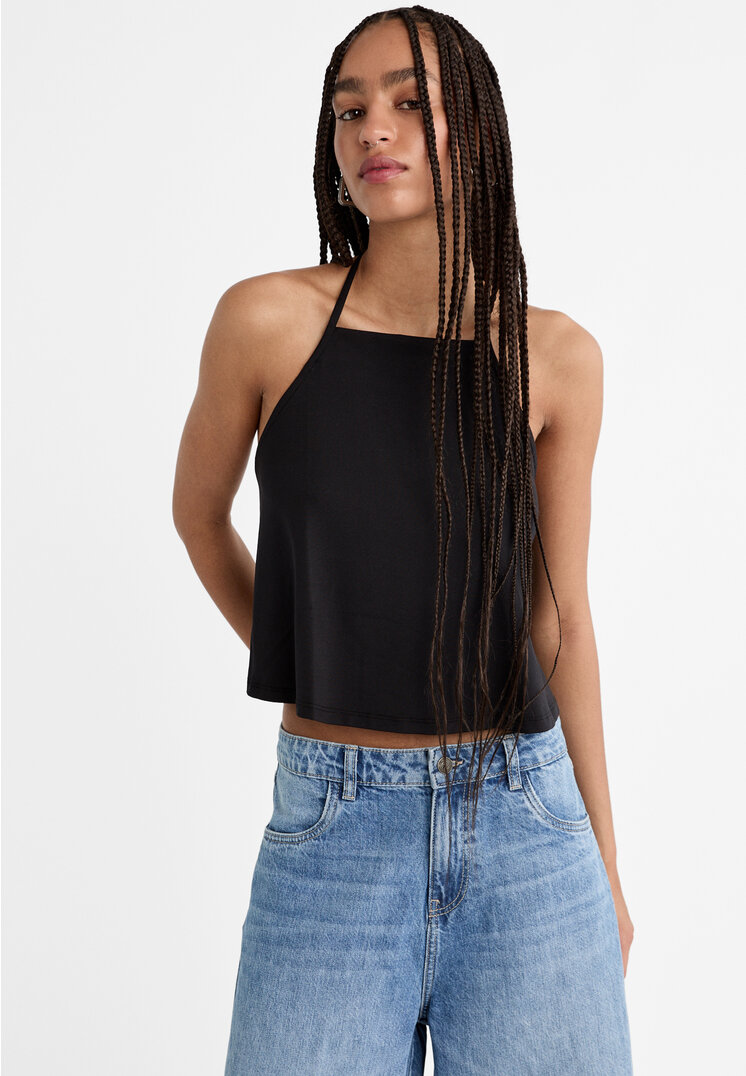 Stradivarius Tricou Halter Cu Spatele Gol Negru Xs
