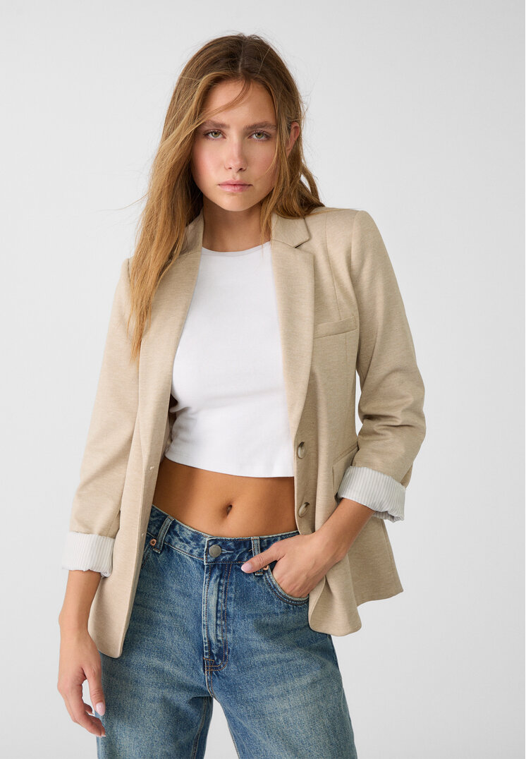 Stradivarius Blazer Slim Fit Cu Buzunare Ecru M