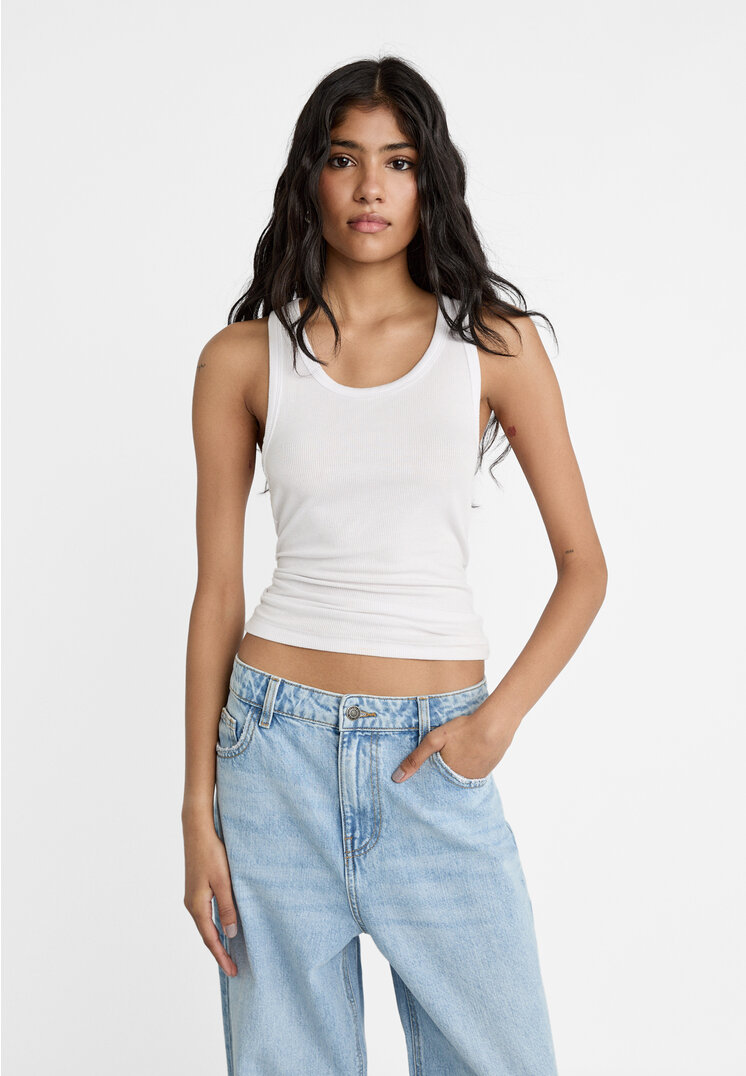 Stradivarius Tricou Cu Spatele Îngust Alb S