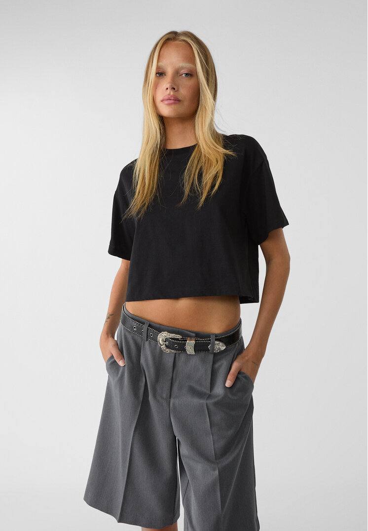 Stradivarius Tricou Oversize Crop Negru M