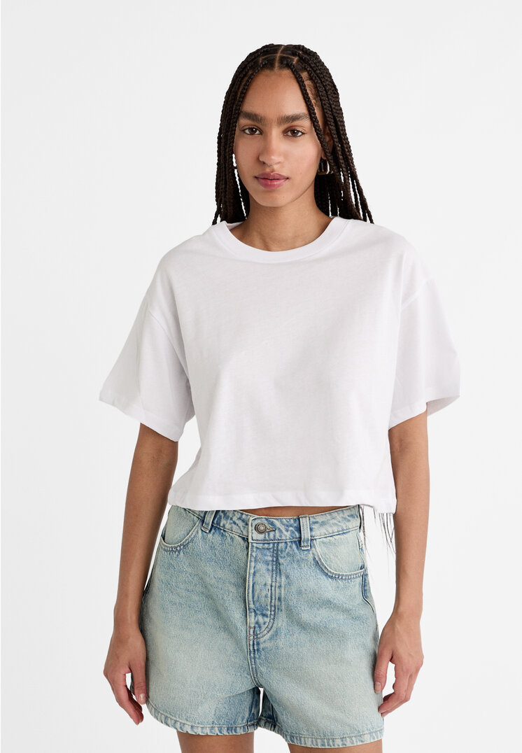 Stradivarius Tricou Oversize Crop Alb S