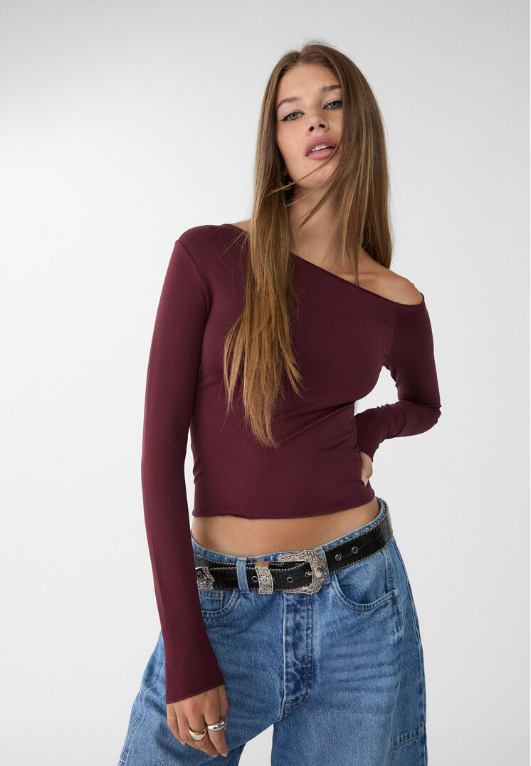 Stradivarius Tricou Asimetric Fără Cusături Grena L