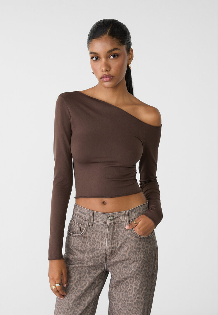 Stradivarius Tricou Asimetric Fără Cusături Maro M