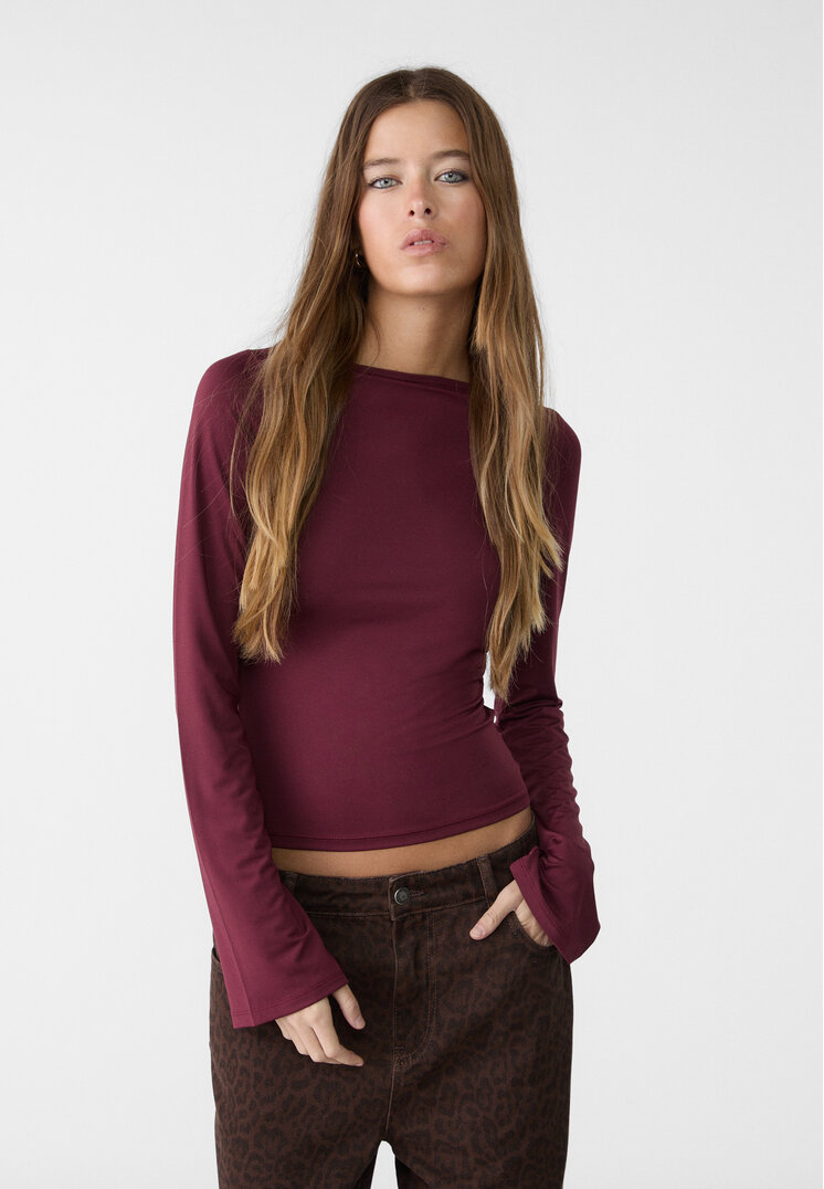 Stradivarius Tricou Din Poliamidă Cu Guler Bărcuță Grena Xl