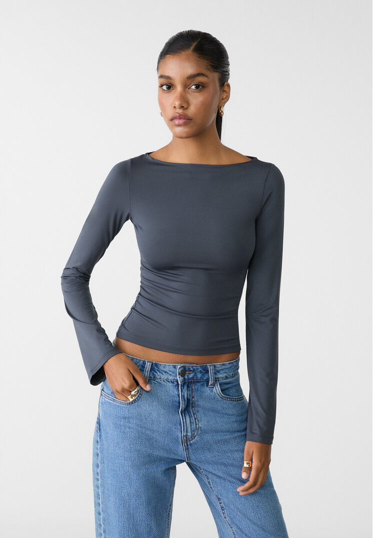 Stradivarius Tricou Din Poliamidă Cu Guler Bărcuță Gri Xs