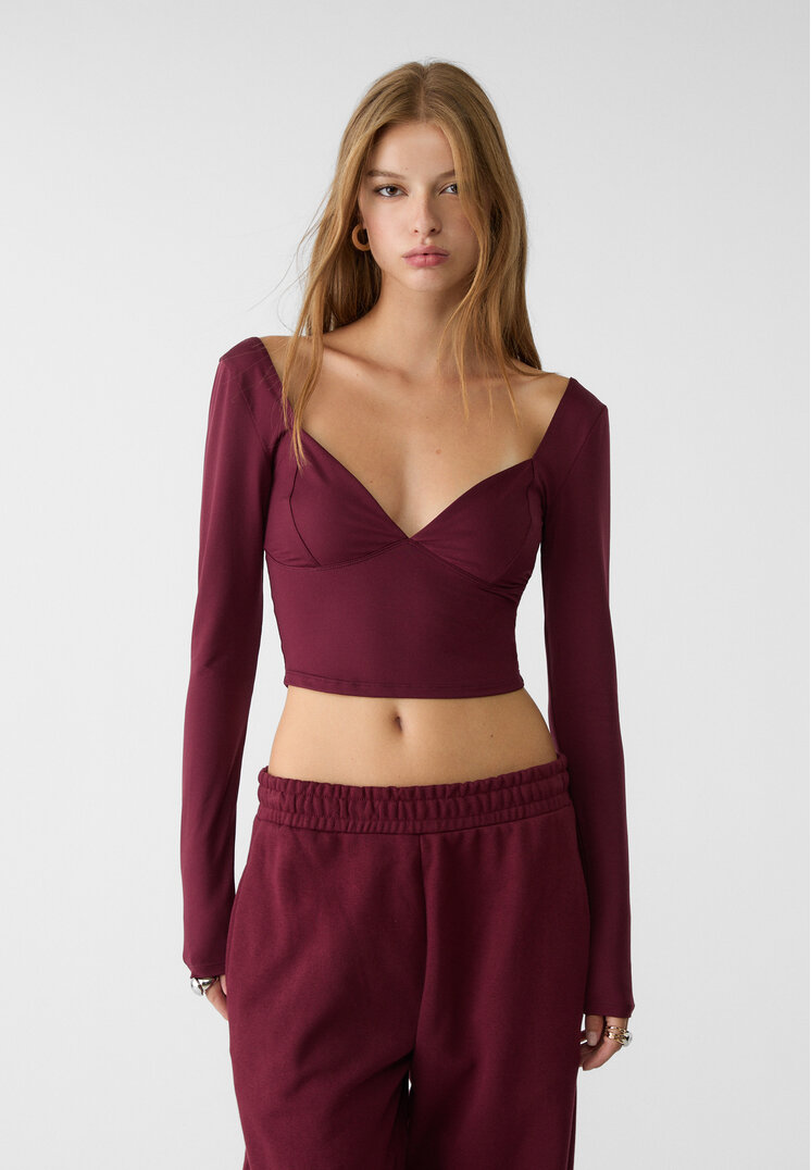 Stradivarius Tricou Poliamidă Decolteu În V Grena M