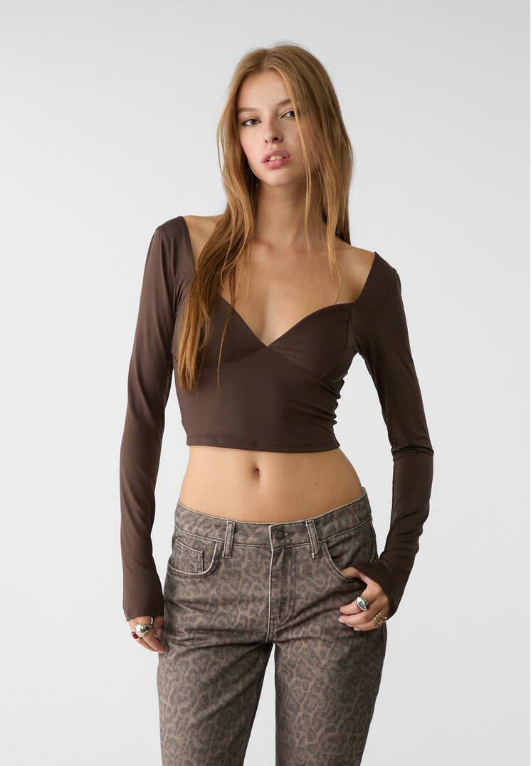 Stradivarius Tricou Poliamidă Decolteu În V Maro Xs