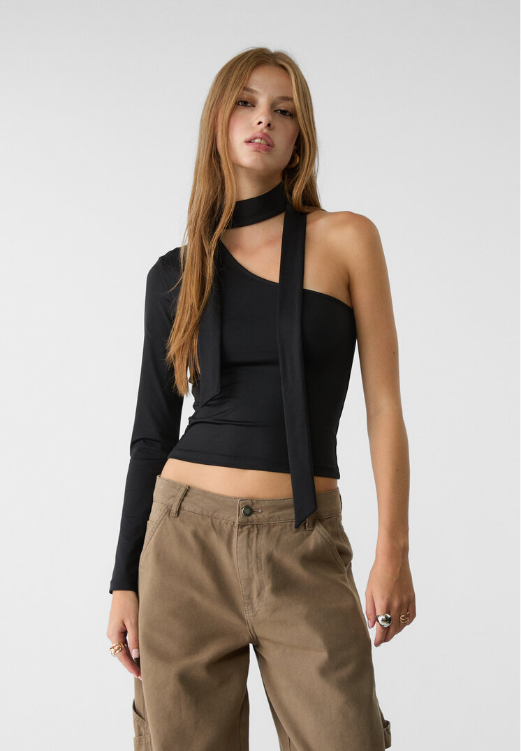 Stradivarius Tricou Din Poliamidă Cu Eșarfă Negru M