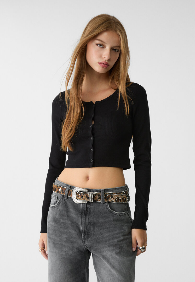 Stradivarius Tricou Reiat Cu Nasturi Negru S