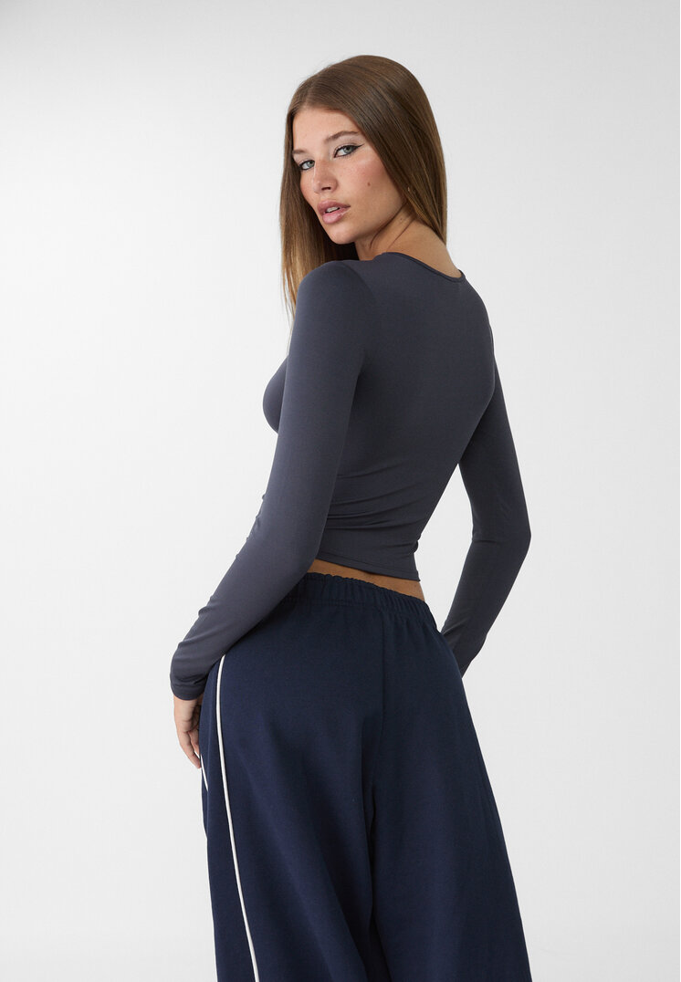 Stradivarius Long sleeve polyamide T-shirt  Navy blue XS