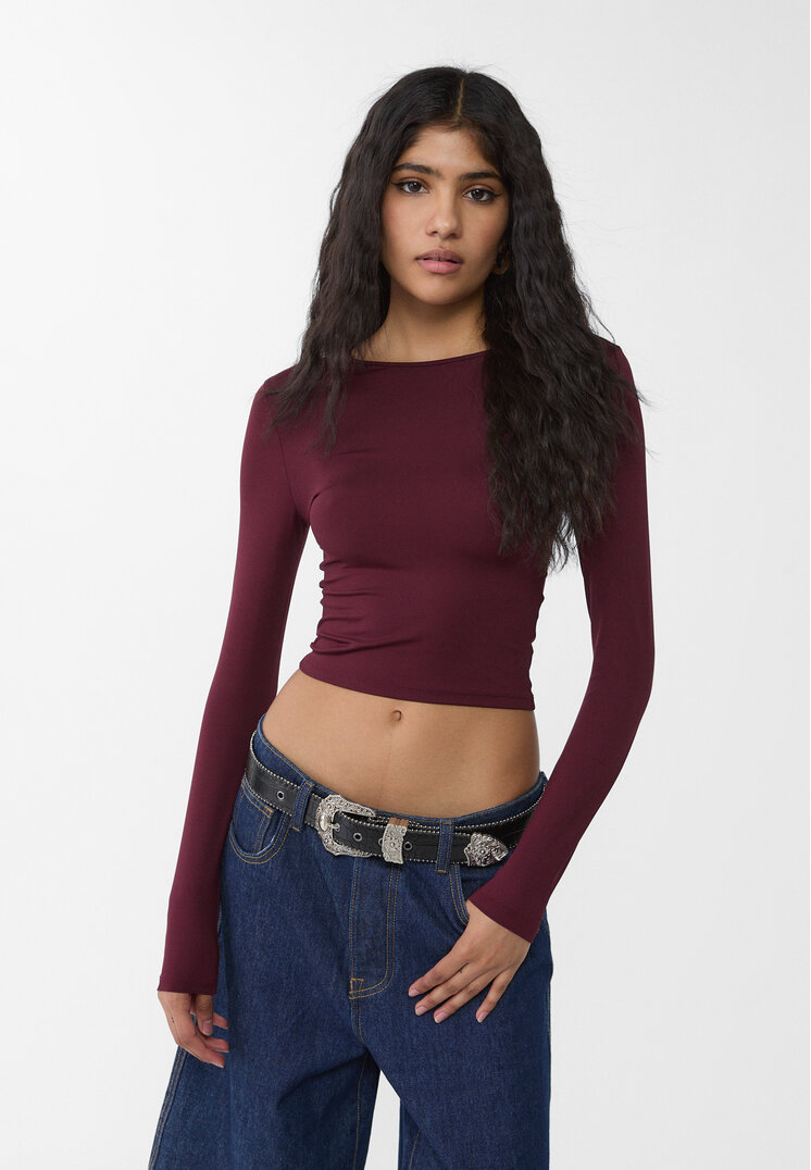 Stradivarius Tricou Din Poliamidă Cu Mânecă Lungă Grena S