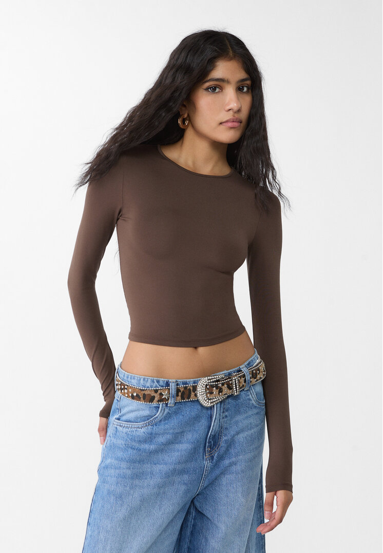 Stradivarius Tricou Din Poliamidă Cu Mânecă Lungă Maro Xs