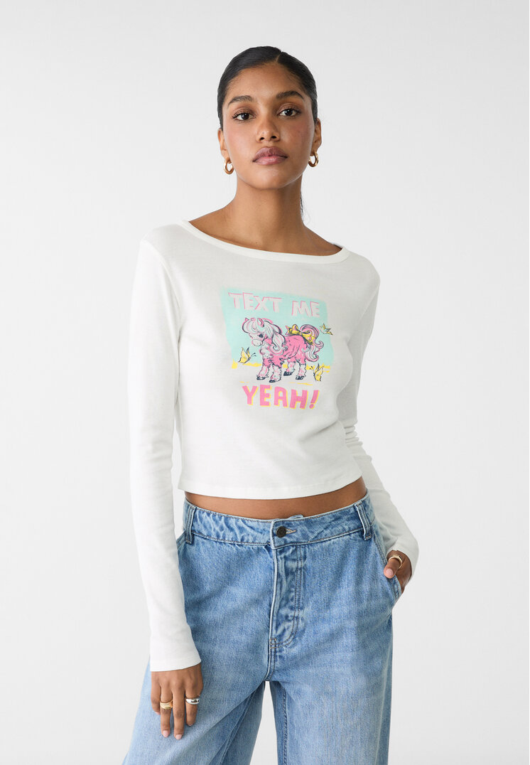 

Stradivarius Langarmshirt mit Print Ecru XL