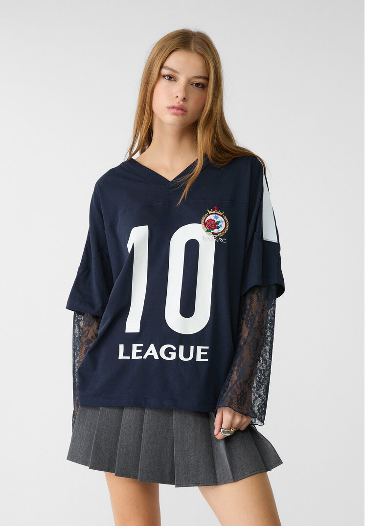 Stradivarius Tricou Oversize De Fotbal Cu Dantelă Bleumarin L